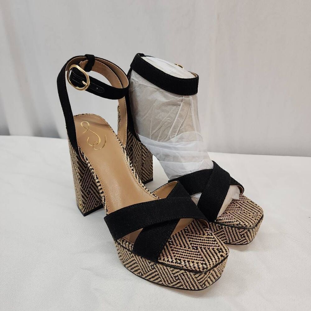 Sam Edelman Size 10 Nolita Black Block Heel Open Squared Toe Ankle Strap Heeled